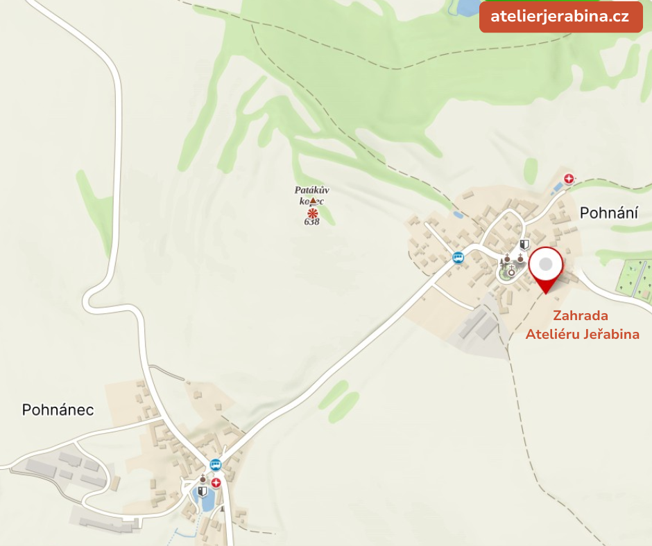 Mapa trasy na zahradu Ateliéru Jeřabina v Pohnání